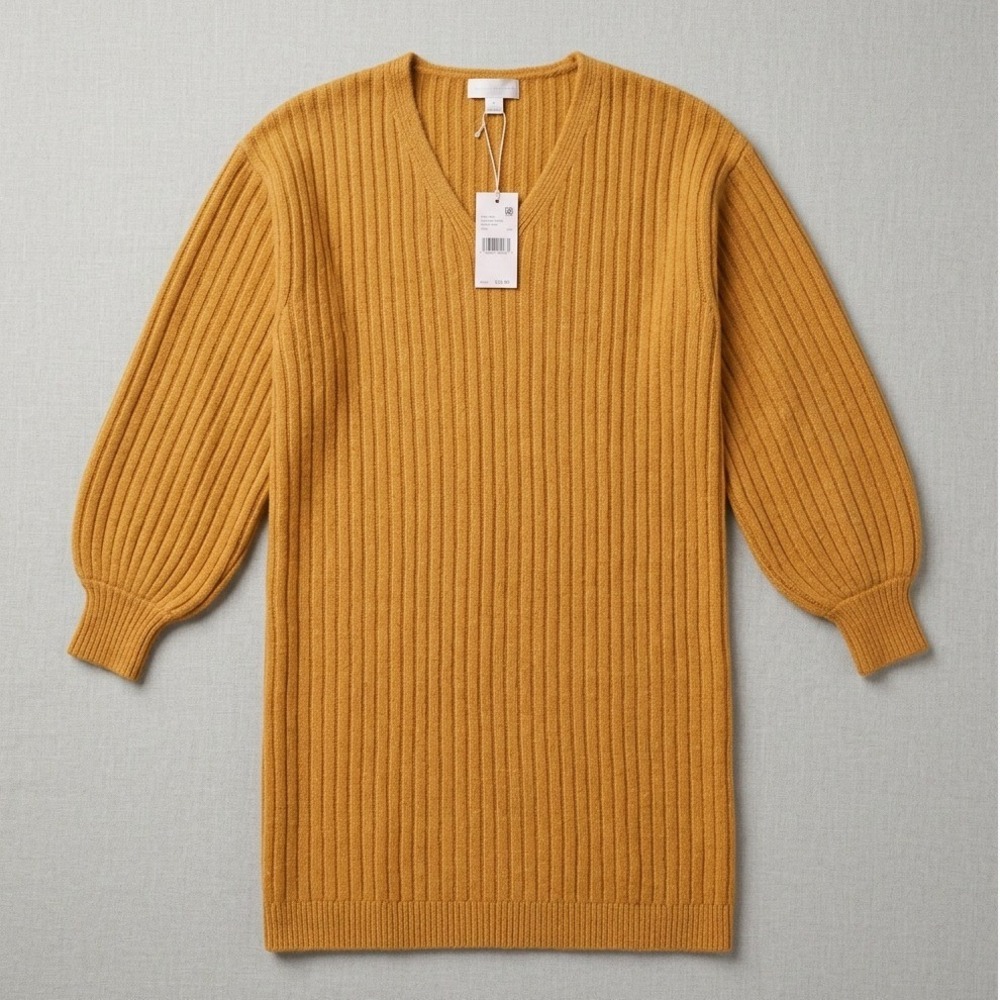 Rachel Parcell Sweater Dress Small Mustard Ribbed V-Neck Balloon Sleeve NWT